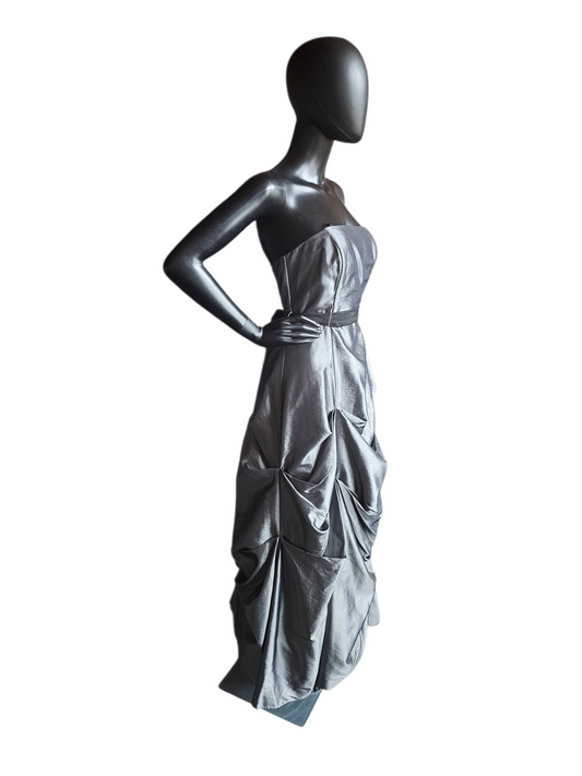 Grey Silver Tuck A-Line Full Length Formal Gown - DJ Jazz