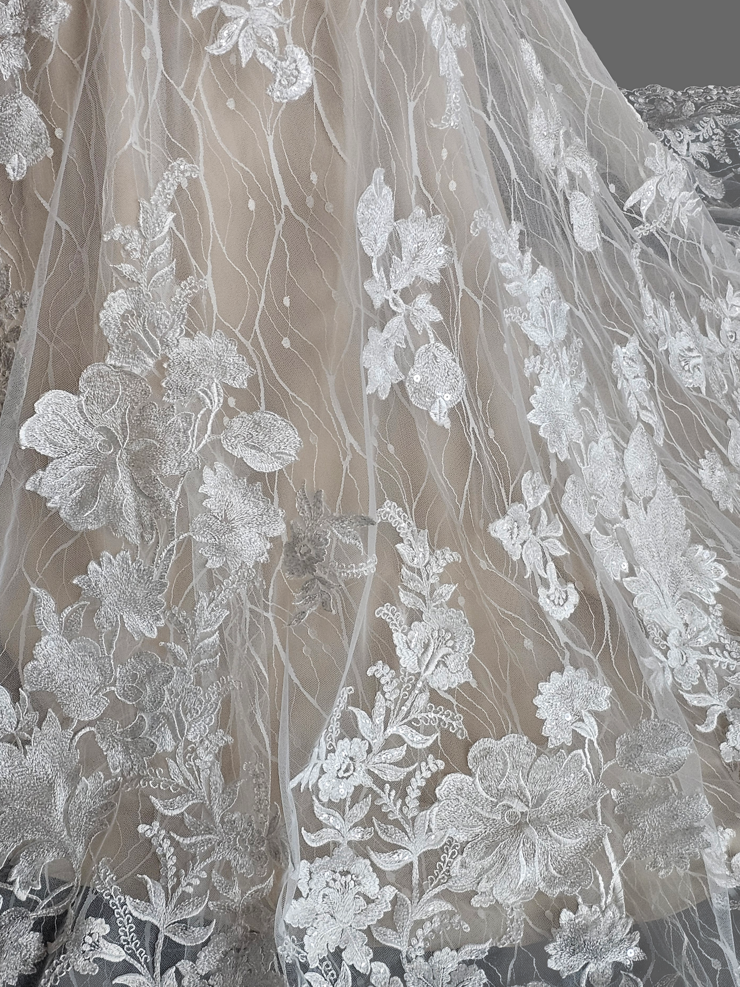 Ivory/Honey Layered Lace Fitted Off Shoulder Wedding Gown - Martin Thornburg