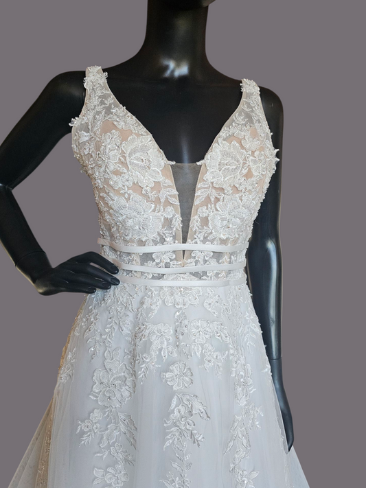 Ivory A-Line Illusion Bodice Floral Applique Wedding Gown - Bliss Bridal