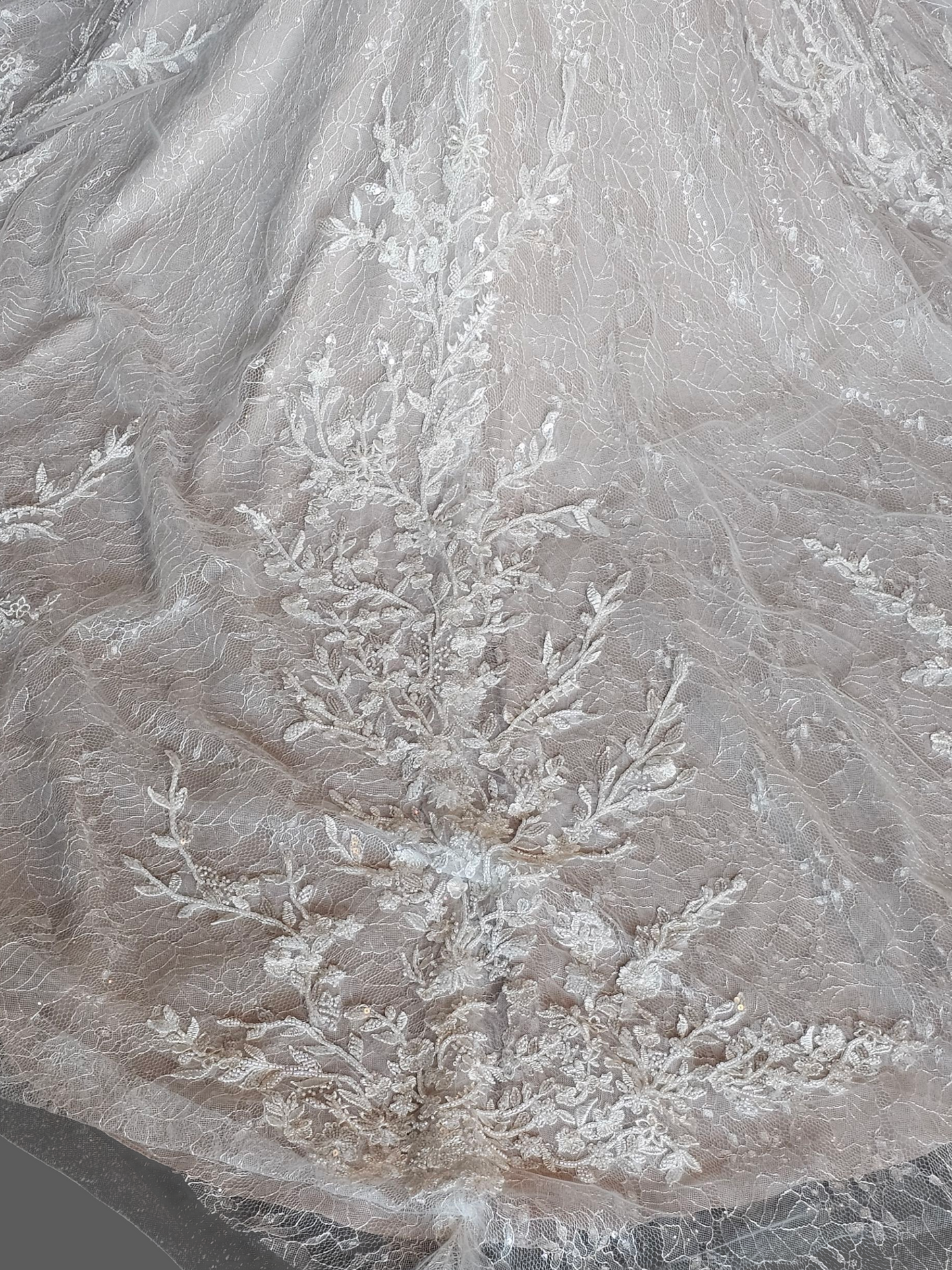 Ivory/Latte Beaded Lace Illusion Back Plunge Fit and Flare Wedding Gown - Da Vinci