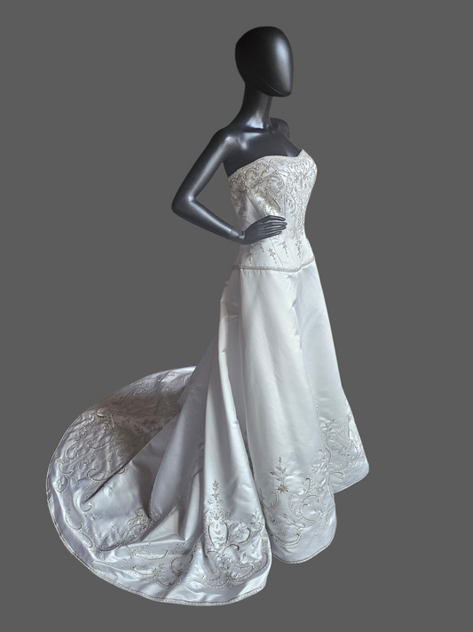 White Satin Drop Waist A-Line Wedding Gown - Casablanca