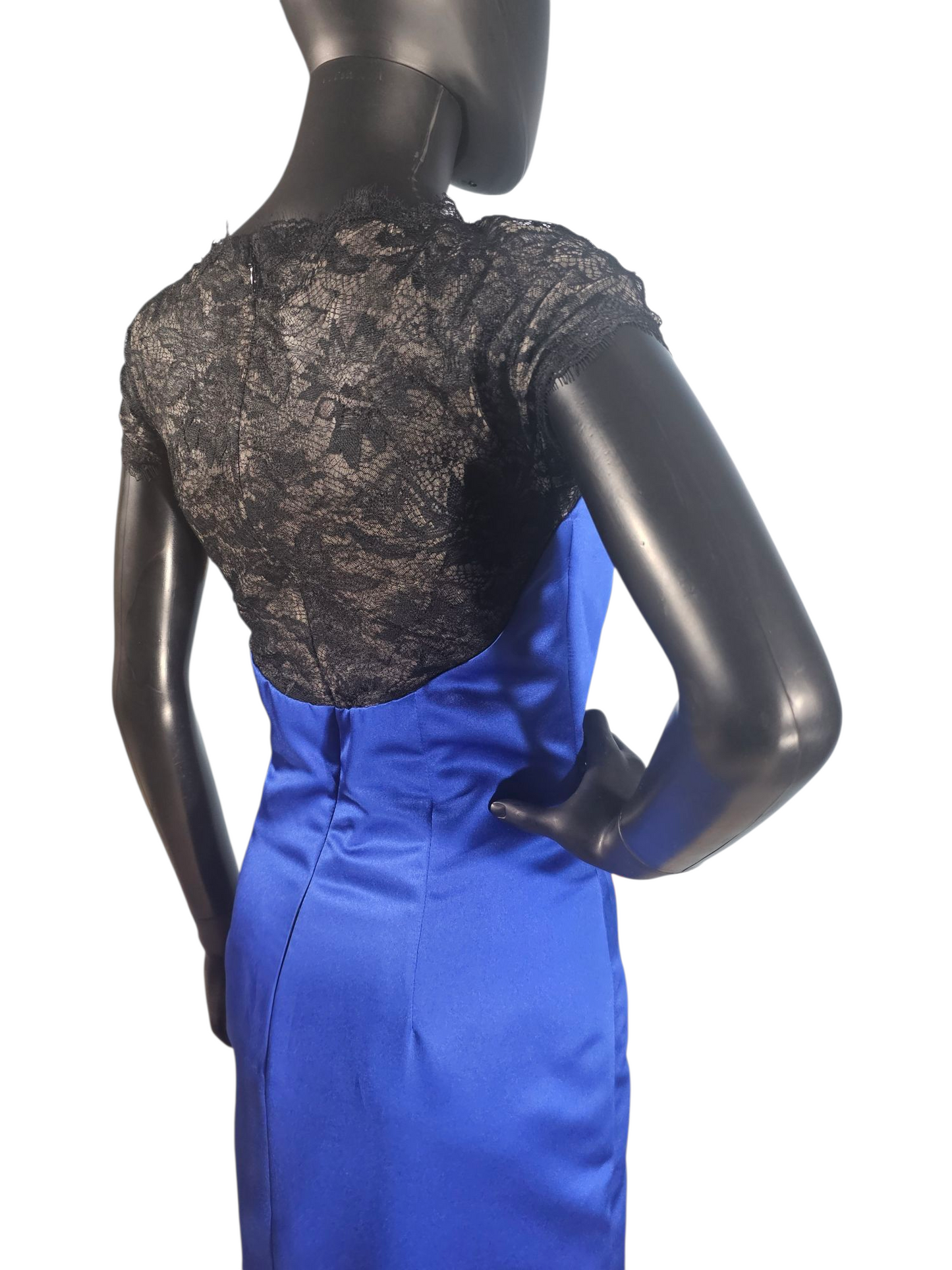 Royal Blue/Black Lace Cap Sleeve Full Length Formal Dress - Da Vinci