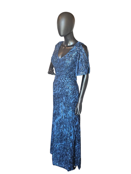Royal Blue Beaded Cold Shoulder Flutter Sleeve Formal Gown - Alex Evenings