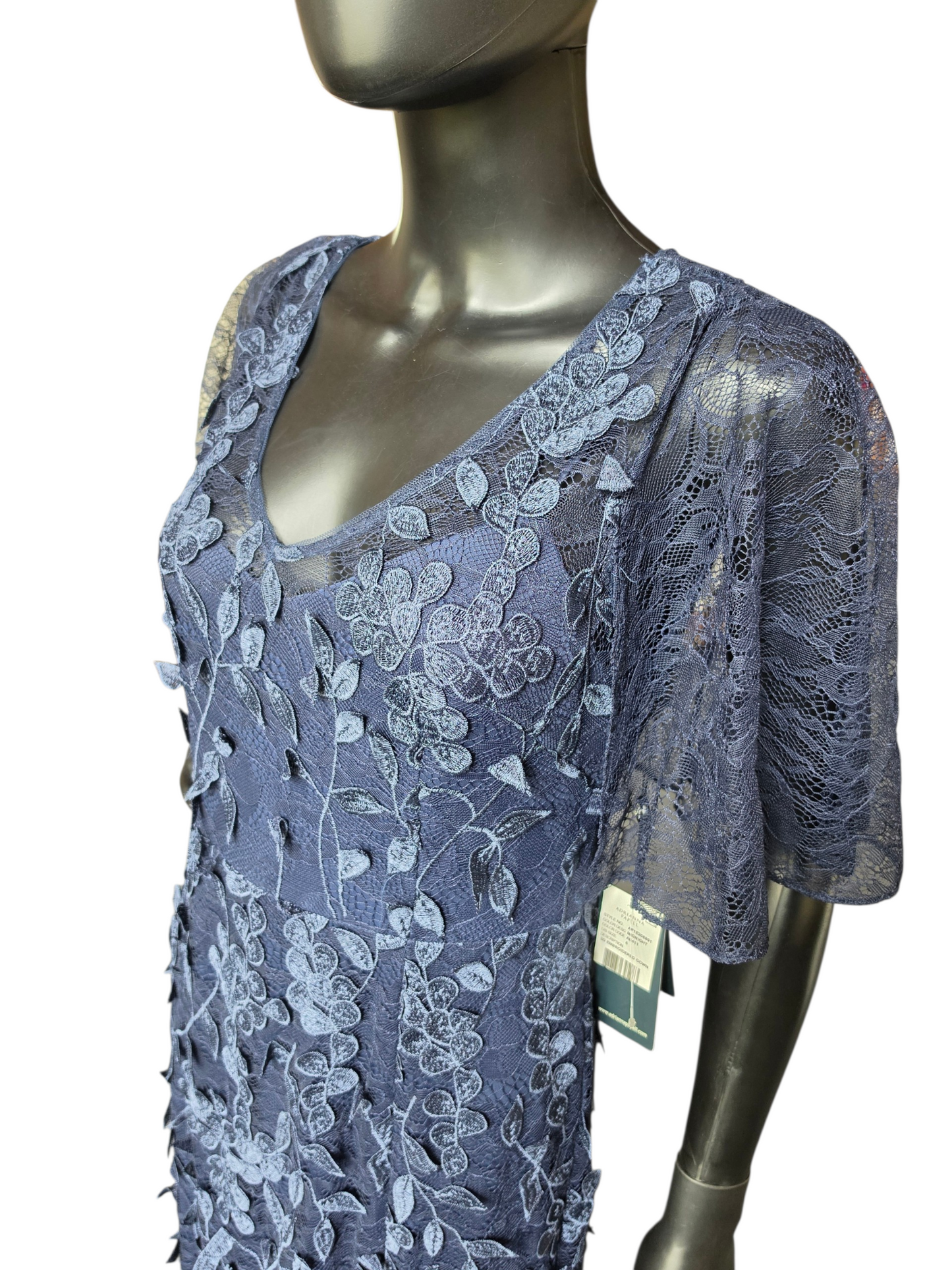 Navy 3D Floral Flutter Illusion Sleeves V-Neck Fit/Flare Slit Formal/Moms Dress - Adrianna Papell