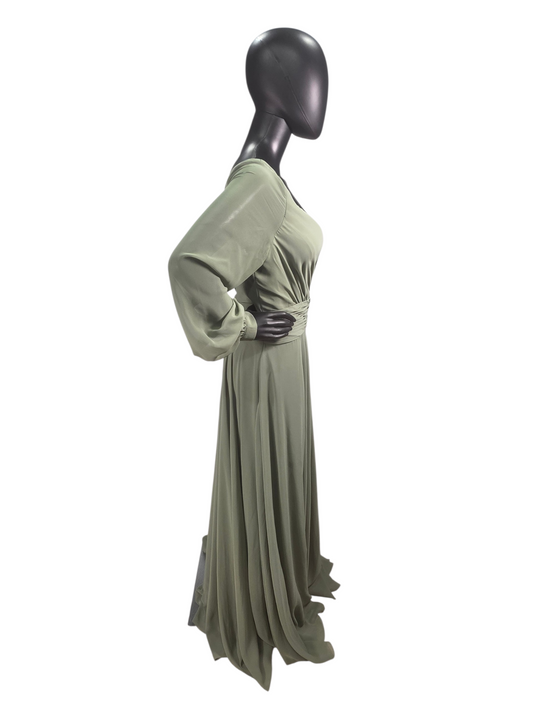 Evergreen A-Line Chiffon V-Neck Open Back Pilgrim Sleeve Formal/Mom's/Bridesmaid Dress- Kanalik