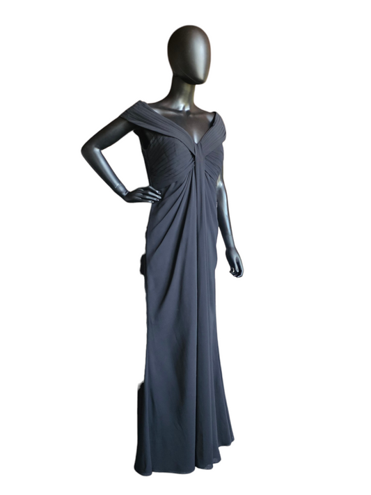 Black Chiffon Off Shoulder Ruched Simple Formal/Bridesmaid/Moms Dress - Bari Jay