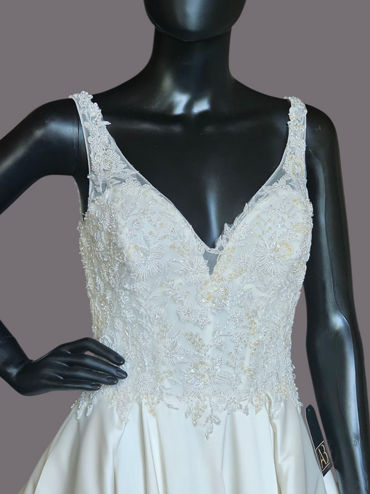 Ivory Ballgown Satin V-Neck Illusion Wedding Gown - Da Vinci