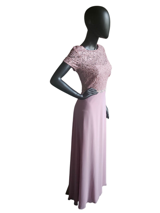 Mauve Beaded Belt/Lace Details Cap Sleeve Crew Neck Full Length Formal Dress - Jackie Jon