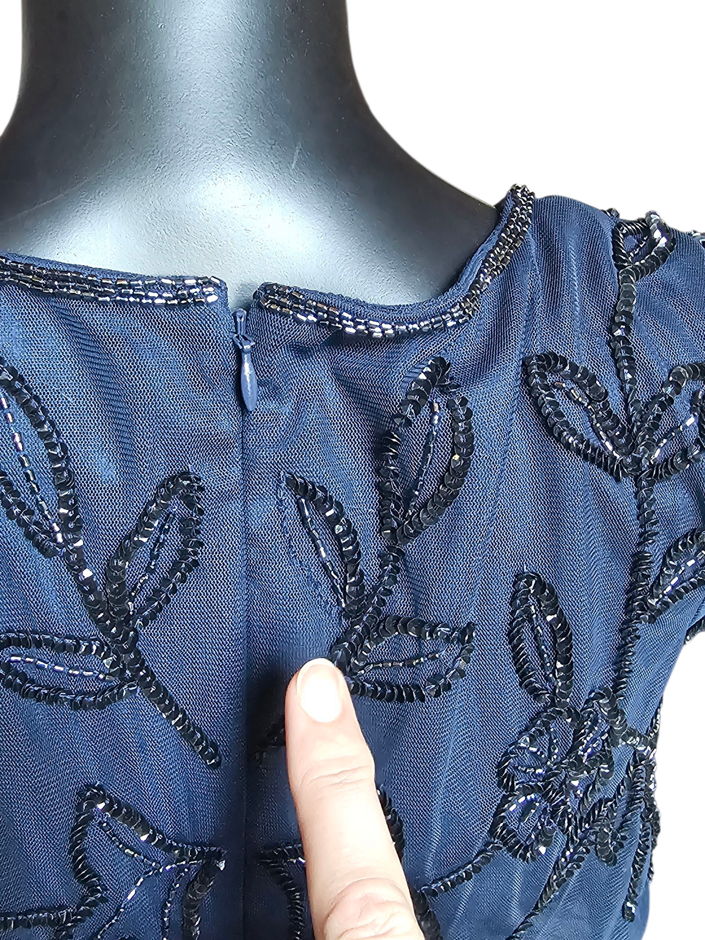 Navy Floral Blouson Cap Sleeve Formal Dress - Adrianna Papell