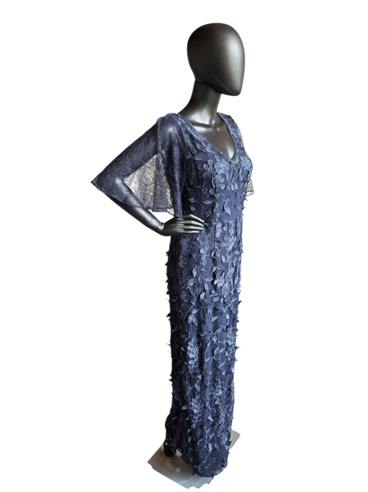 Navy 3D Floral Flutter Illusion Sleeves V-Neck Fit/Flare Slit Formal/Moms Dress - Adrianna Papell