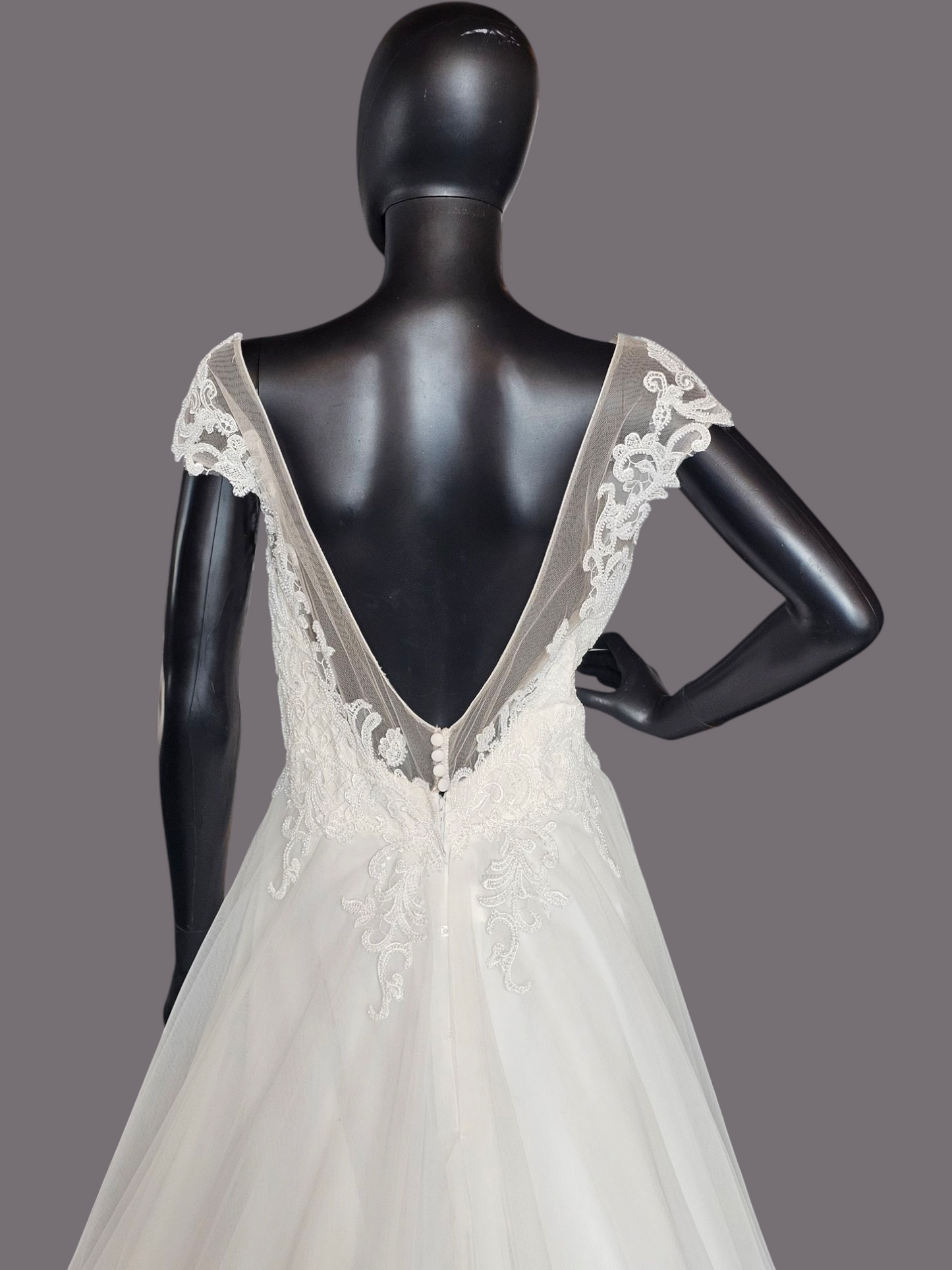 Ivory V-Neck Illusion Cap Sleeve A-Line Wedding Gown - Evelyn Bridal