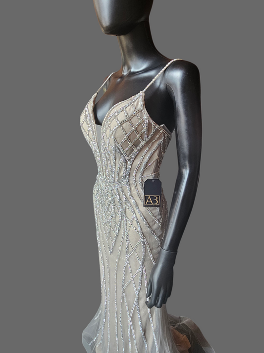 Nude Plunge Crystal Fitted Formal/Gala Dress - GB Social