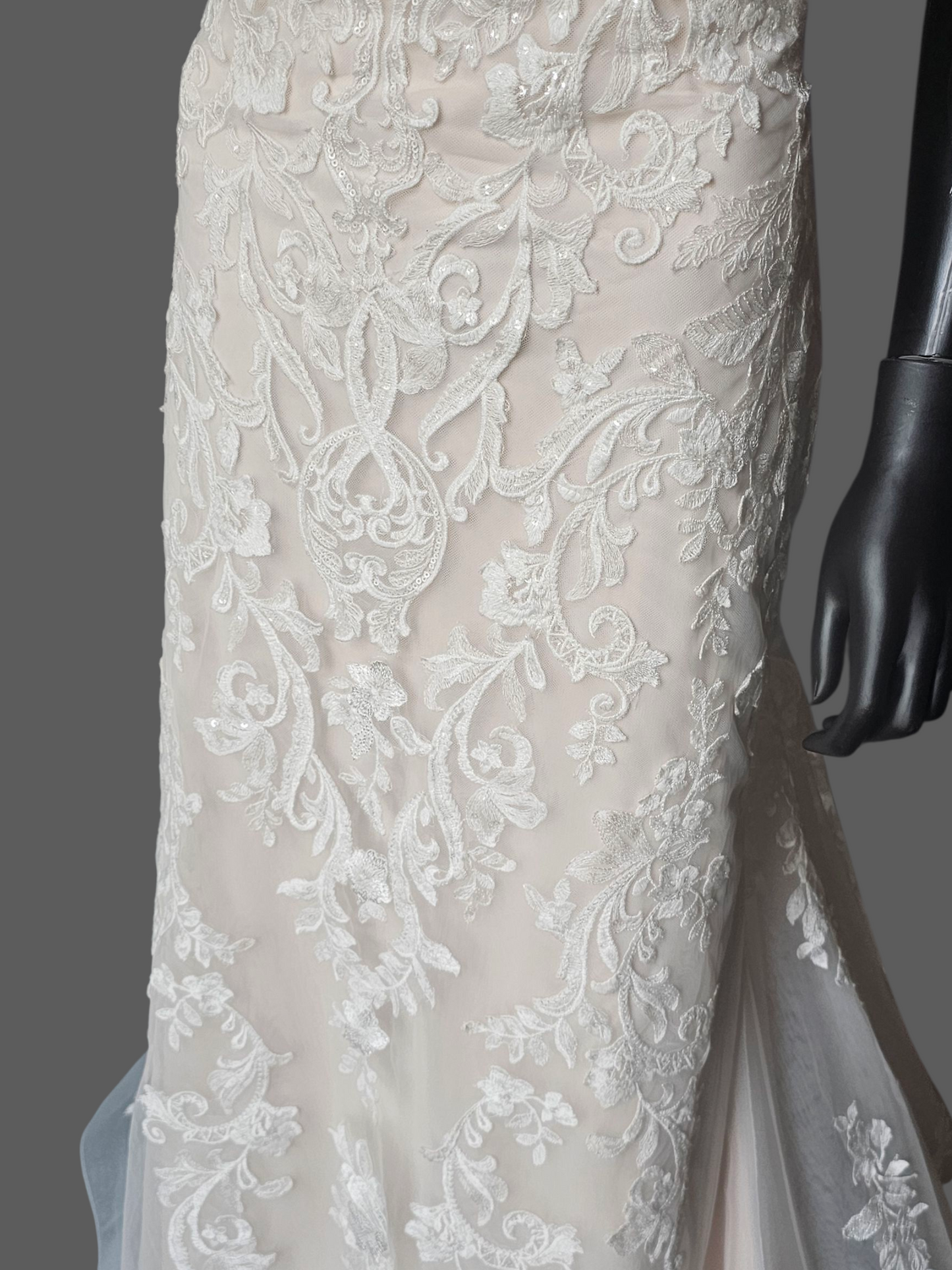 Ivory/Champagne Lace Off Shoulder/Portrait Collar Wedding Gown - Mori Lee
