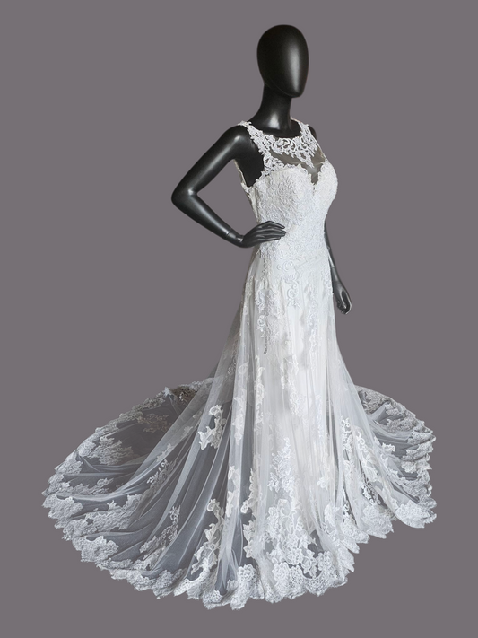 White Lace Illusion Bodice Open Back Wedding Gown - Morilee Madeline Gardner