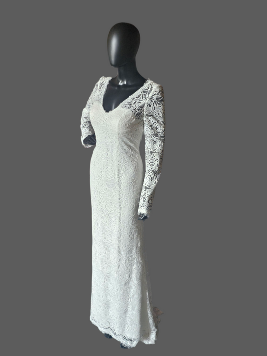 Ivory Long Sleeve Lace Fit/Flare Wedding Gown - DB Bridal