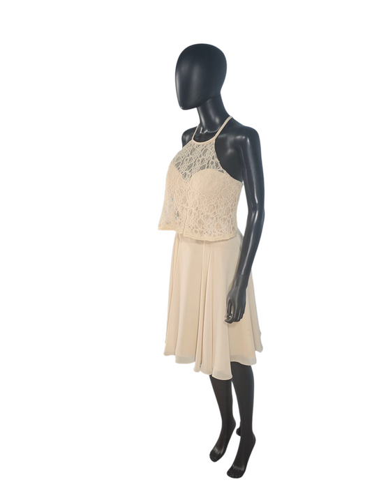 Champagne Lace/Chiffon Halter Flutter Cocktail/Party Dress - Mori Lee