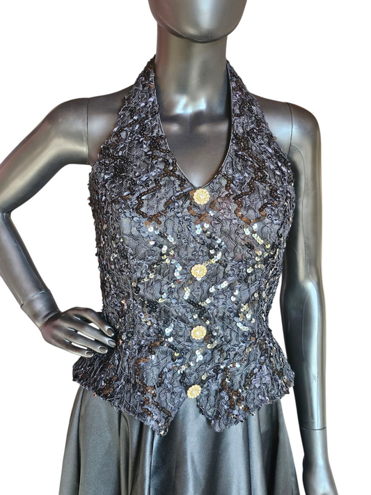 Vintage Black Lace/Satin Halter Formal Dress - Bari Jay