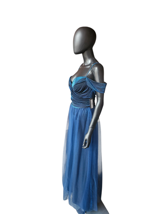 Blue Glitter Off Shoulder A-Line Formal Dress - Da Vinci