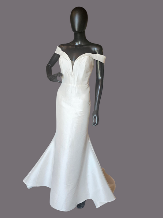 Ivory Satin Twill Fit-Flare Off Shoulder Wedding Gown - Allure Bridals