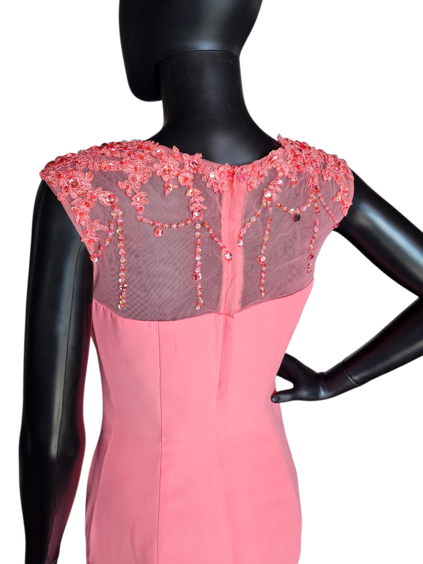 Coral Fitted Beaded Formal Maxi Dress - Hebeos
