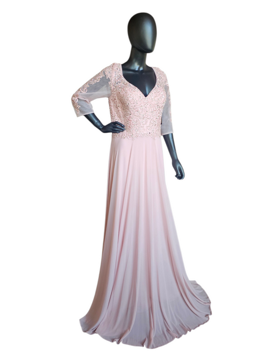 Rose A-Line Long Sleeve Rhinestone Lace Chiffon Illusion Back Moms Dress - MGNY