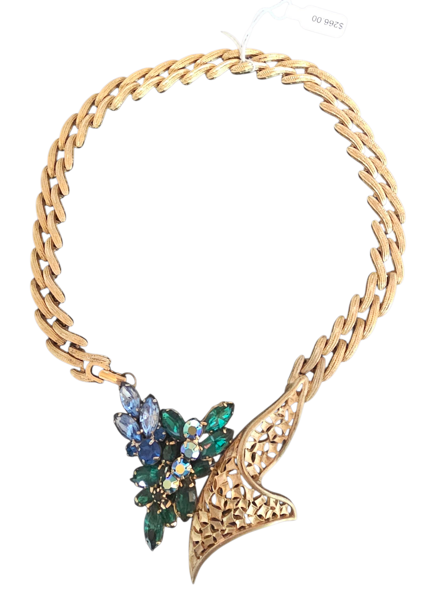 Vintage Bespoke/Remade Gold/Blue/Green Crystal Collar Necklace
