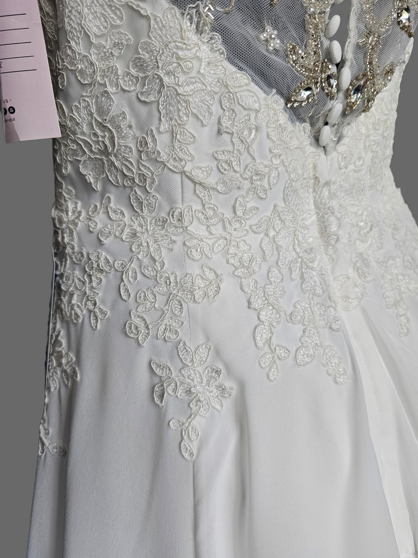 White Chiffon A-Line Lace V-Neck Applica Illusion Back Wedding Gown - Davinci