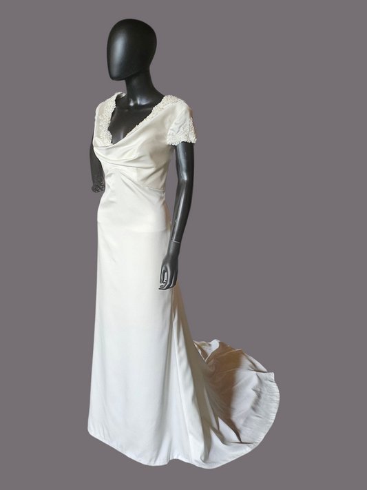 Ivory Silky Satin Cowl Neck Wedding Gown Sheath - Casablanca