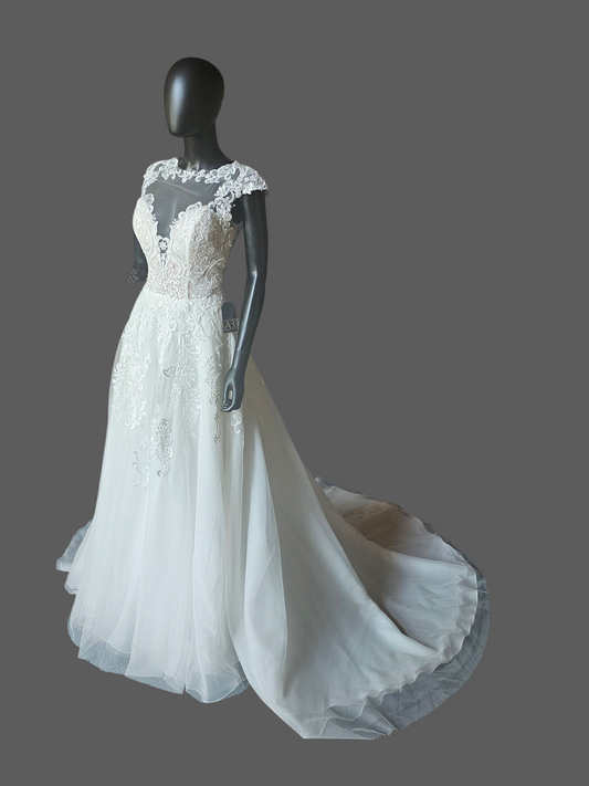 Ivory Illusion Cap Sleeve A-Line Net Wedding Gown - Mori Lee