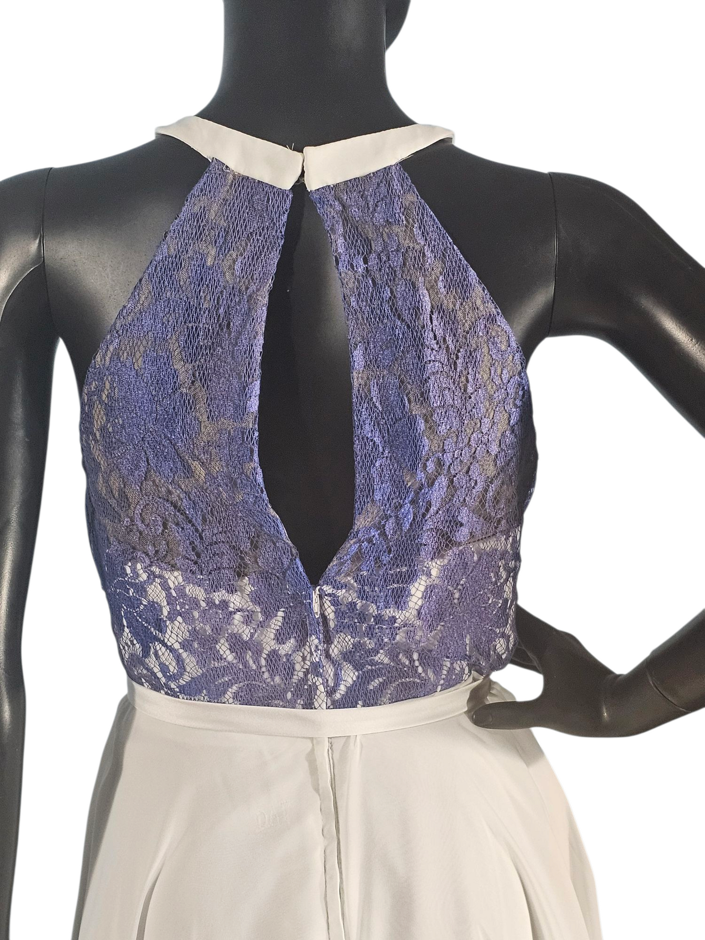 Blue Lace/White Chiffon Halter Mid-Length Dress - Da Vinci