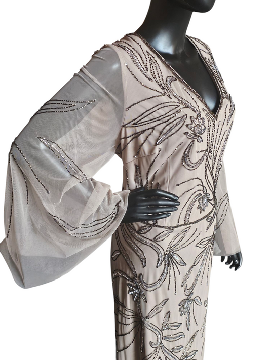 Taupe Beaded Mesh Bell Sleeve Formal Gown - Adrianna Papell