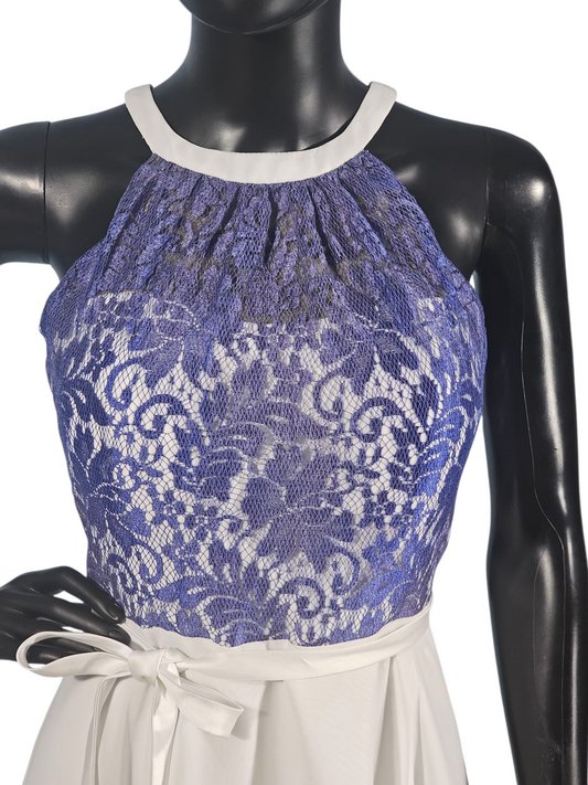 Blue Lace/White Chiffon Halter Mid-Length Dress - Da Vinci
