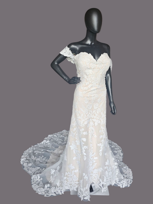 Ivory/Champ Floral Lace Off Shoulder Wedding Gown - Madeline Gardner