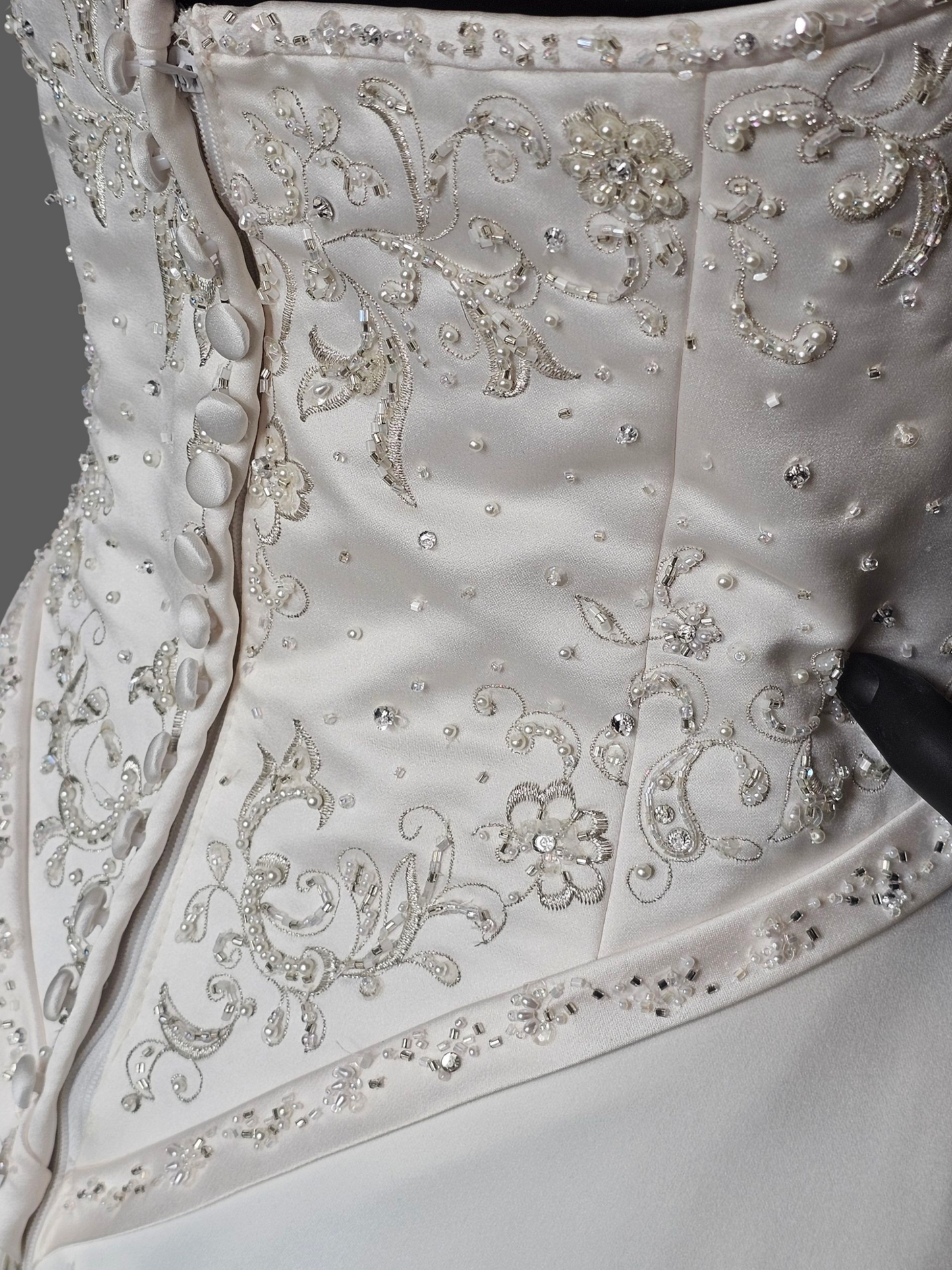 Vintage White/Blush Accent Asymetric A-Line Satin Wedding Gown - Mori Lee