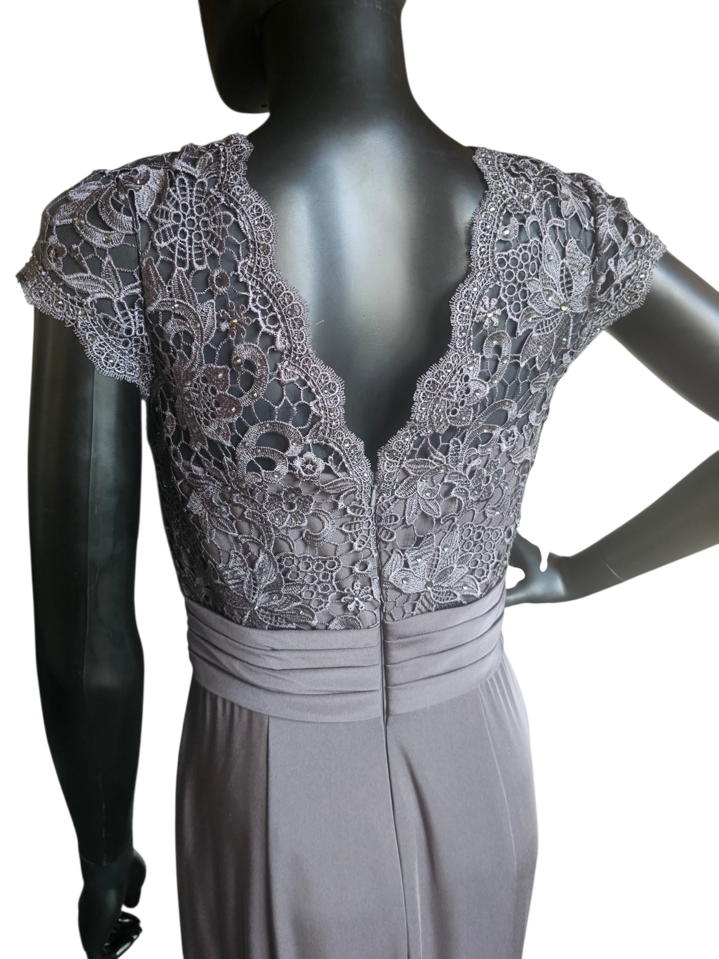 Slate Lace Cap Sleeve Fit/Flare Rhinestone Detail Belt design Train Formal Dress - Alyce