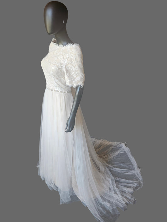 Nude/Lace 1/2 Sleeve Modest Aline Wedding Gown - Rebecca Ingram