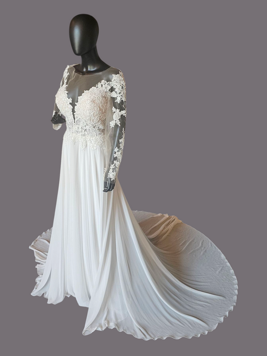 Ivory/Nude Deep Plunge Long Sleeve Chiffon Wedding Gown - Allure Romance