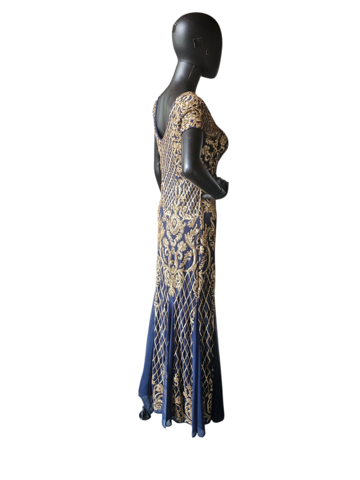 Navy Blue/Gold Sequin V-Neck Short Sleeve Formal Dress - R & M Richards