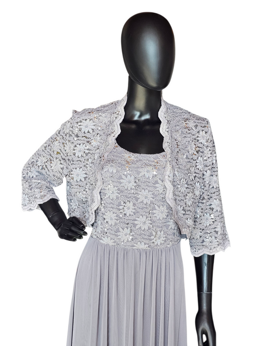 Silver/Grey Lace 3/4 Sleeve Jacket Formal Dress - R + M Richards
