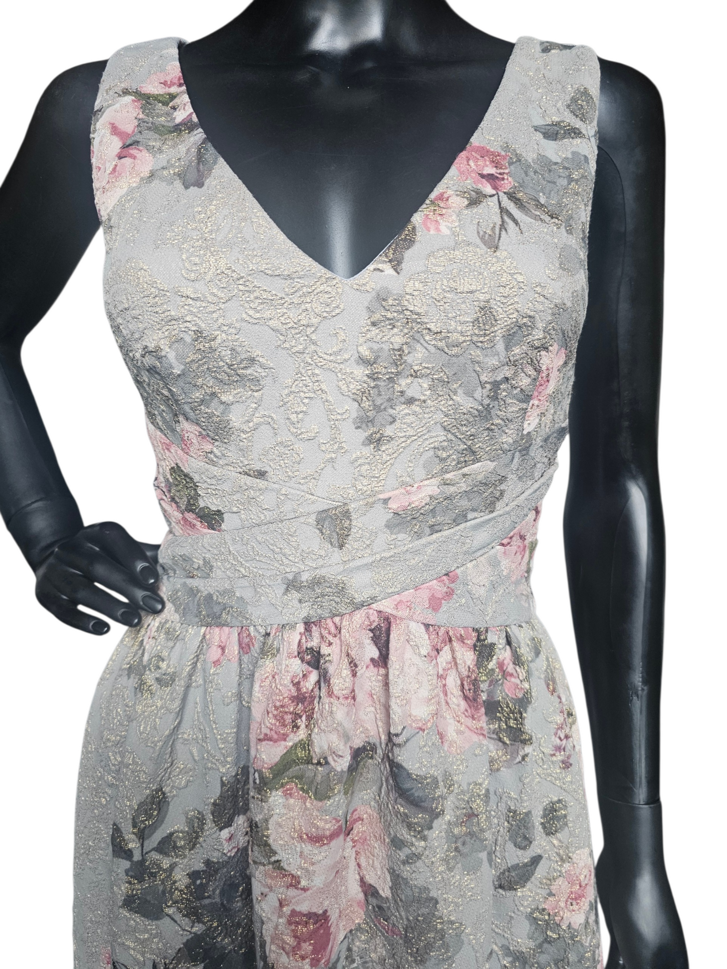Sage Green Floral Matelasse V-Neck Party Knee Length Gold Accents Cross Belt Design- Adrianna Papell