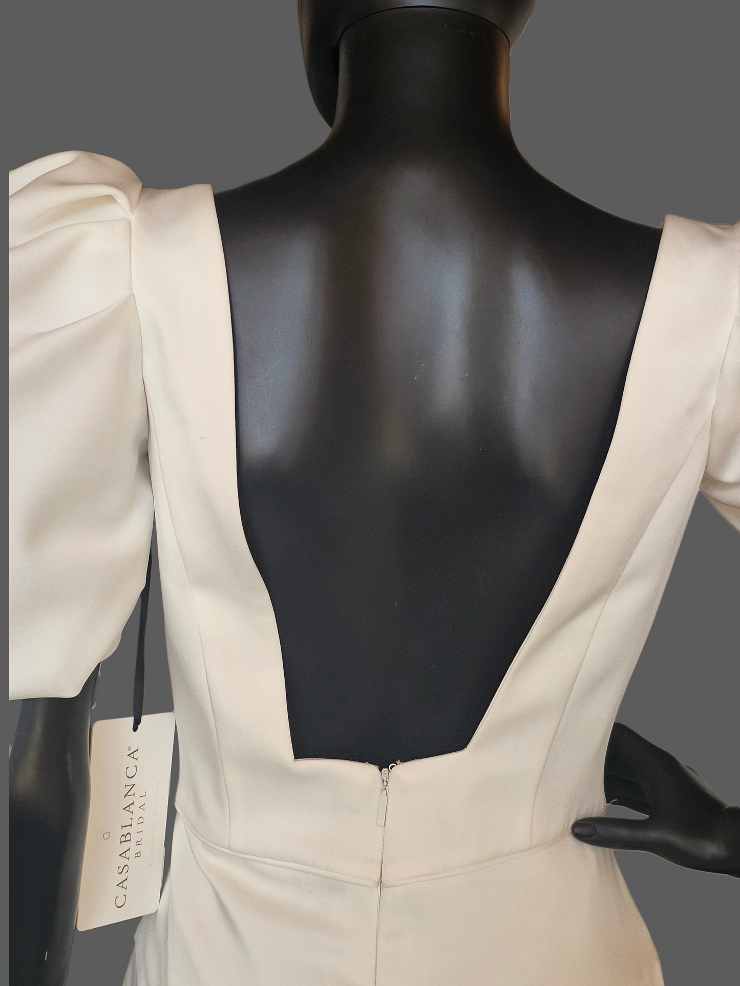 Ivory Silky Satin Fitted Square Neck Puff Sleeve Minimalist Wedding Gown - Casablanca