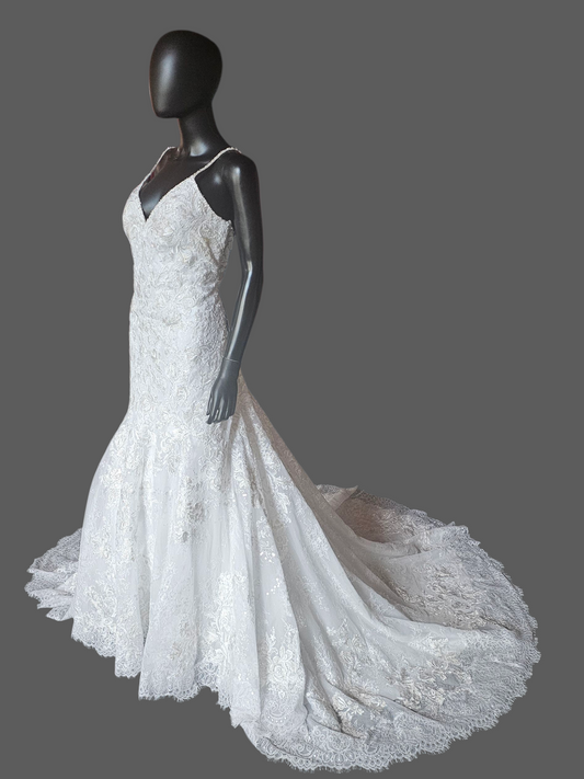 White Lace Metallic Embroidered Fit/Flare Wedding Gown - Mori Lee