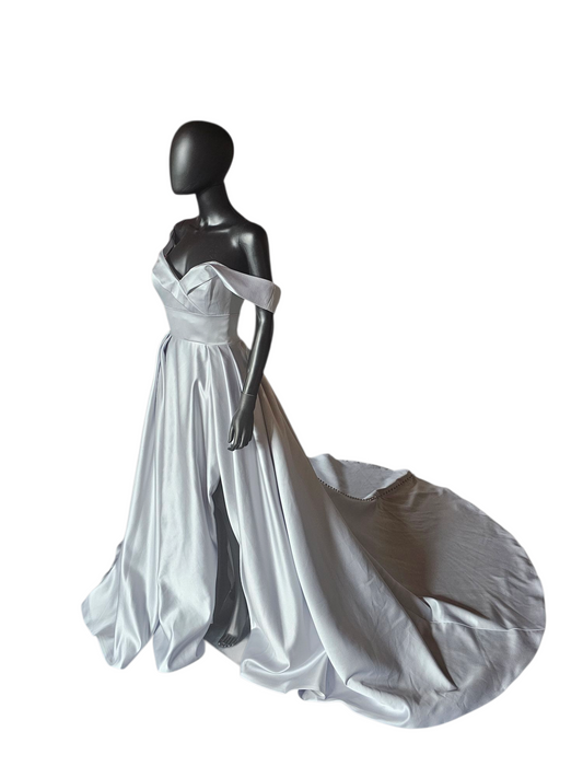 Off Shoulder Misty Blue Satin Wedding Gown - Morilee Madeline Gardner