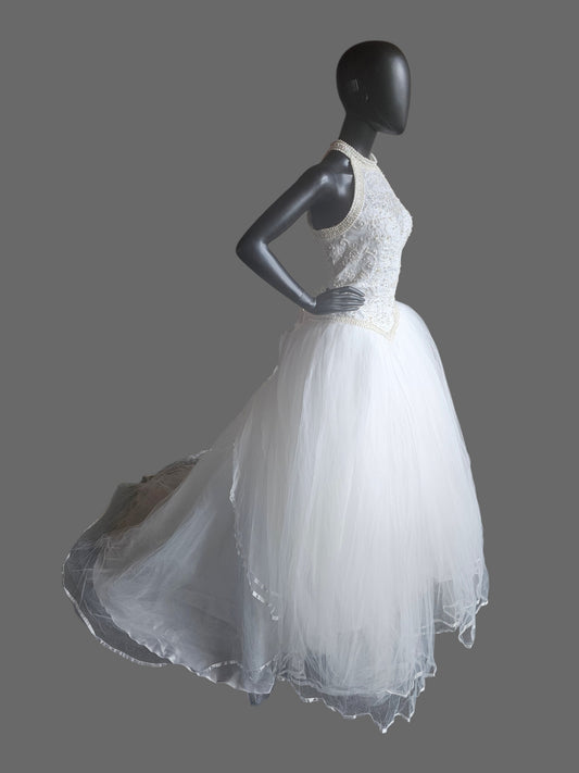 Vintage 90's Pearl Racer Halter Tulle Ballgown Wedding Dress - Mori Lee