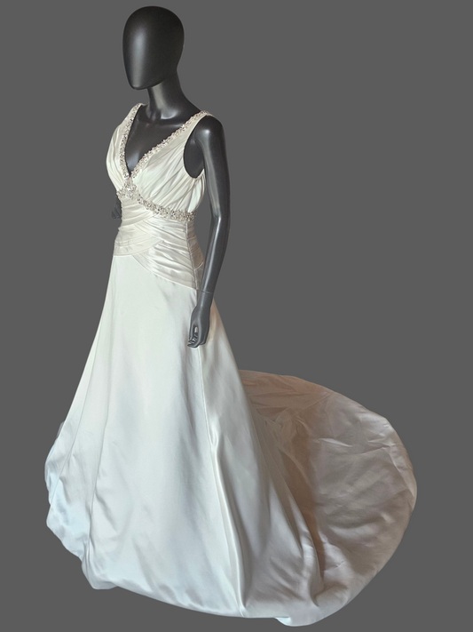 Ivory Satin V-Neck Jewel Detail A-Line Wedding Gown - Mori Lee