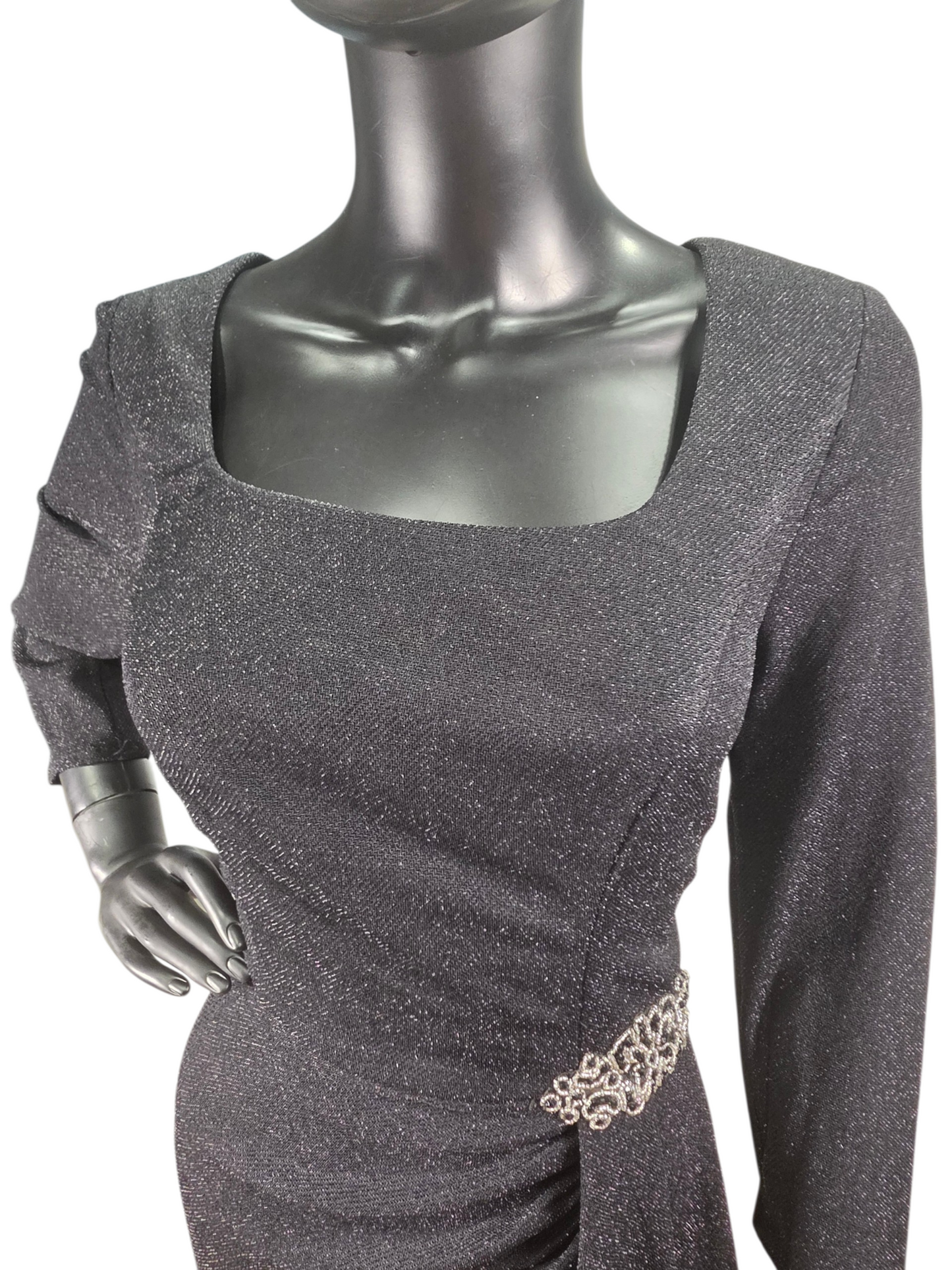Black Shimmer Taffeta Side Ruched With Gold Accented Applica Boat Neck Formal/Moms Dress - Alex Evenings