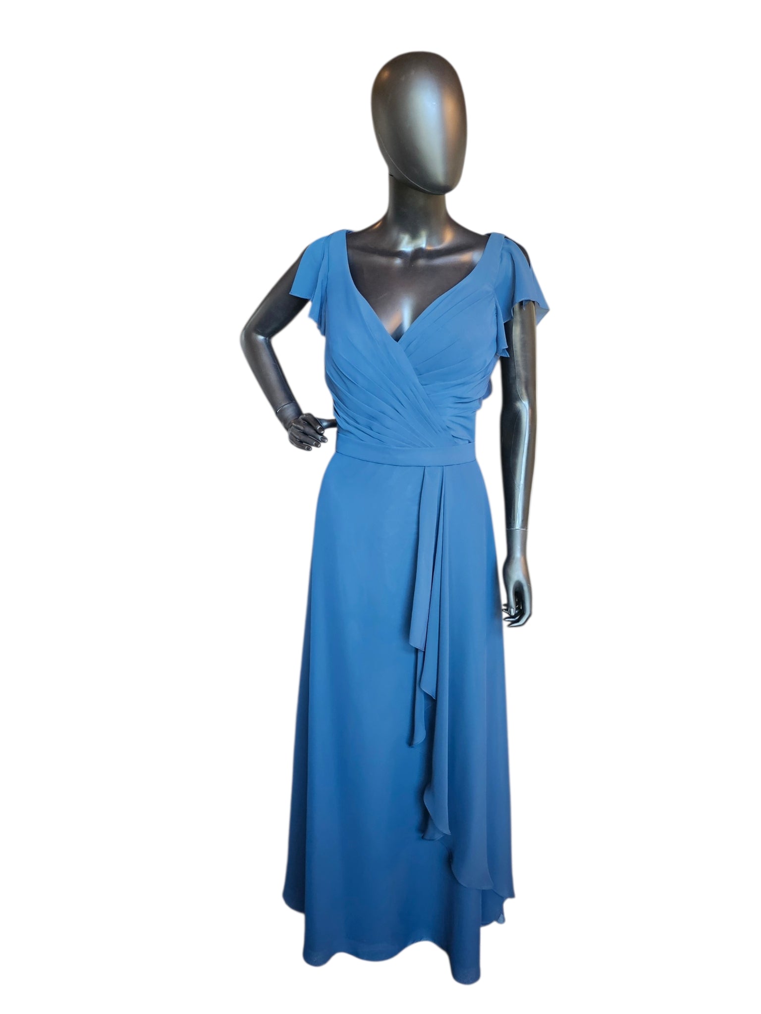 Navy Chiffon Flutter Sleeve Added Belt Side Ruched Maxi Formal/Moms Dr – Arabella Bridal