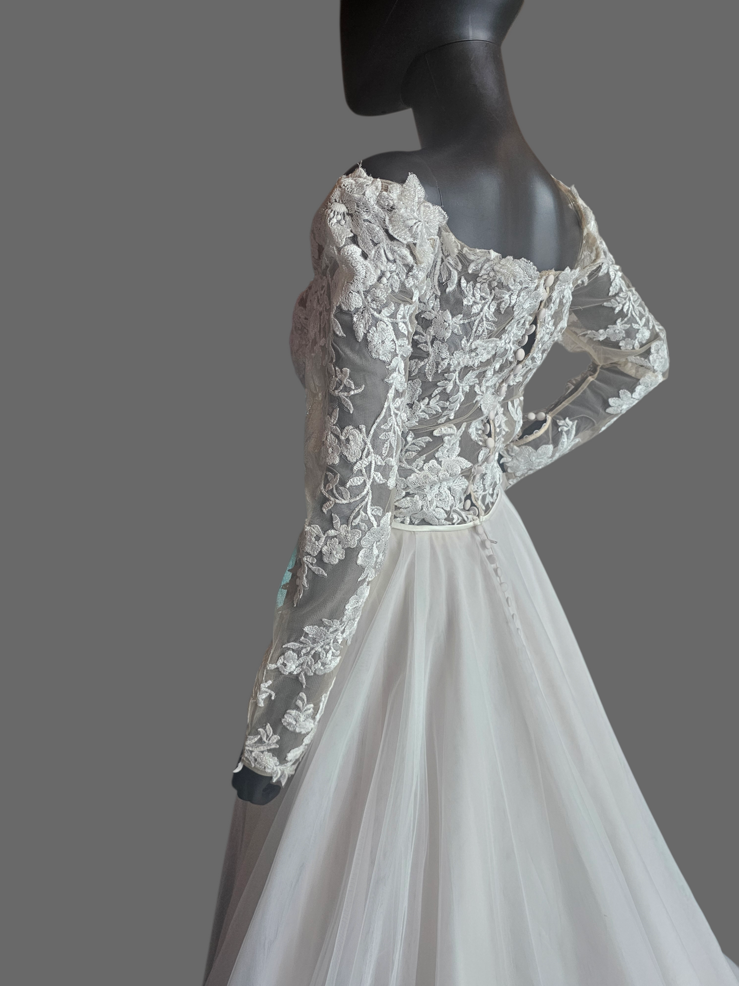 Ivory/Honey Illusion Lace Long Sleeve A-Line Wedding Gown