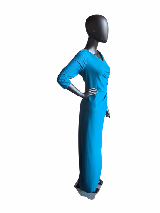 Teal Stretch Scuba Side Ruched Long Sleeve Formal Dress - Jeanne Alexander