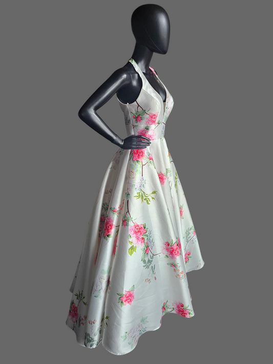 Ivory/Multi Floral Halter A-Line Formal Dress - The Secret Dress